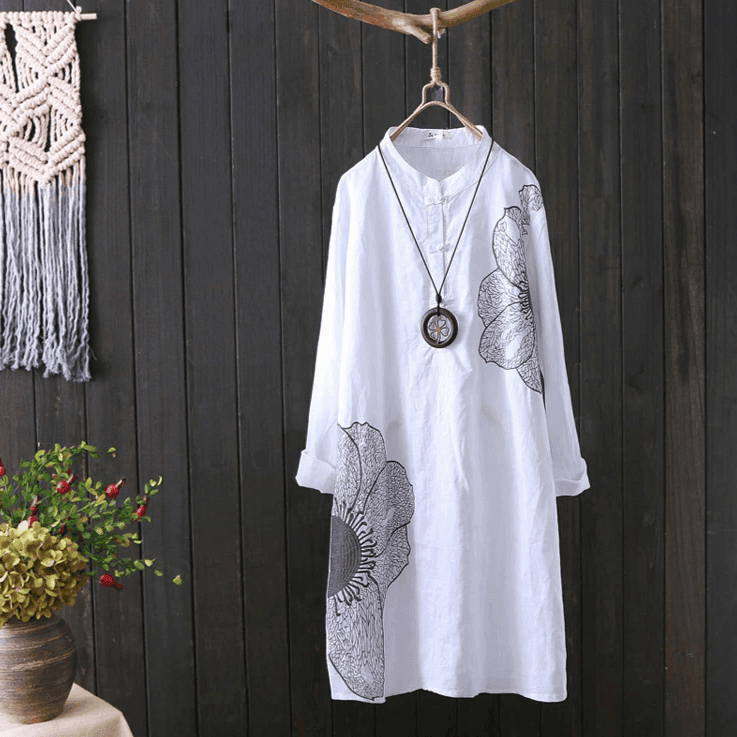 שמלת נשים מושלמת לעונת מעבר בגימור ריקמת פרח מרשים ללוק אתני ממגנט - לה איסלה