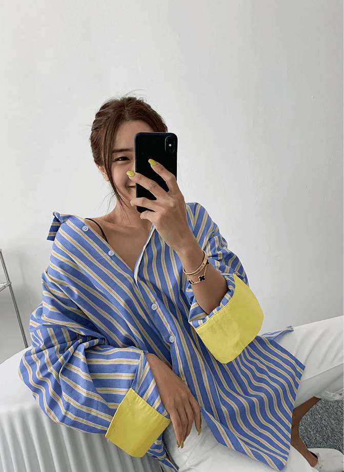 מכופתרת פסים בסגנון 'מנגו' בשרוולי שלושת רבעי בצבעוניות מדליקה ללוק מהמם - לה איסלה