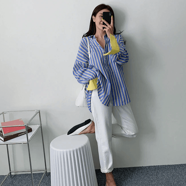 מכופתרת פסים בסגנון 'מנגו' בשרוולי שלושת רבעי בצבעוניות מדליקה ללוק מהמם - לה איסלה