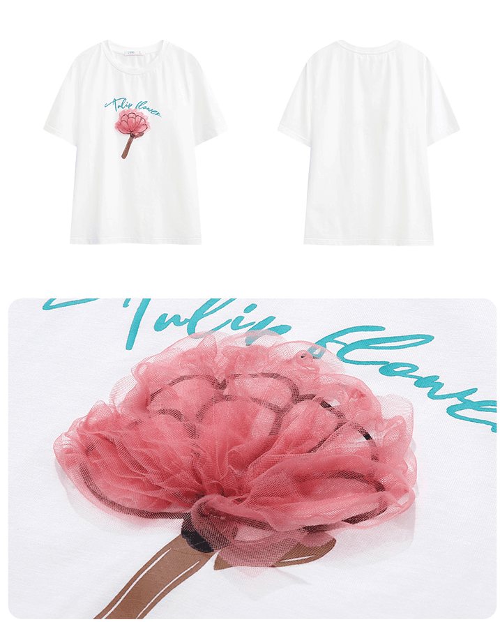 טי שירט לבנה של מעצב צרפתי בשילוב דיטל מקסים של פרח ללוק נקי ויפה - לה איסלה