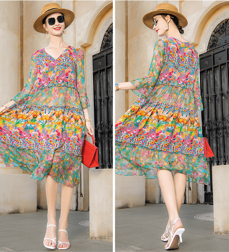 שמלת מעצב מאוסטרליה בגימור שיפון צבעוני מיוחד להופעה נשית קייצית - לה איסלה