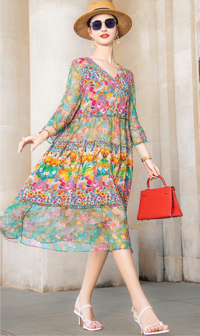 שמלת מעצב מאוסטרליה בגימור שיפון צבעוני מיוחד להופעה נשית קייצית - לה איסלה