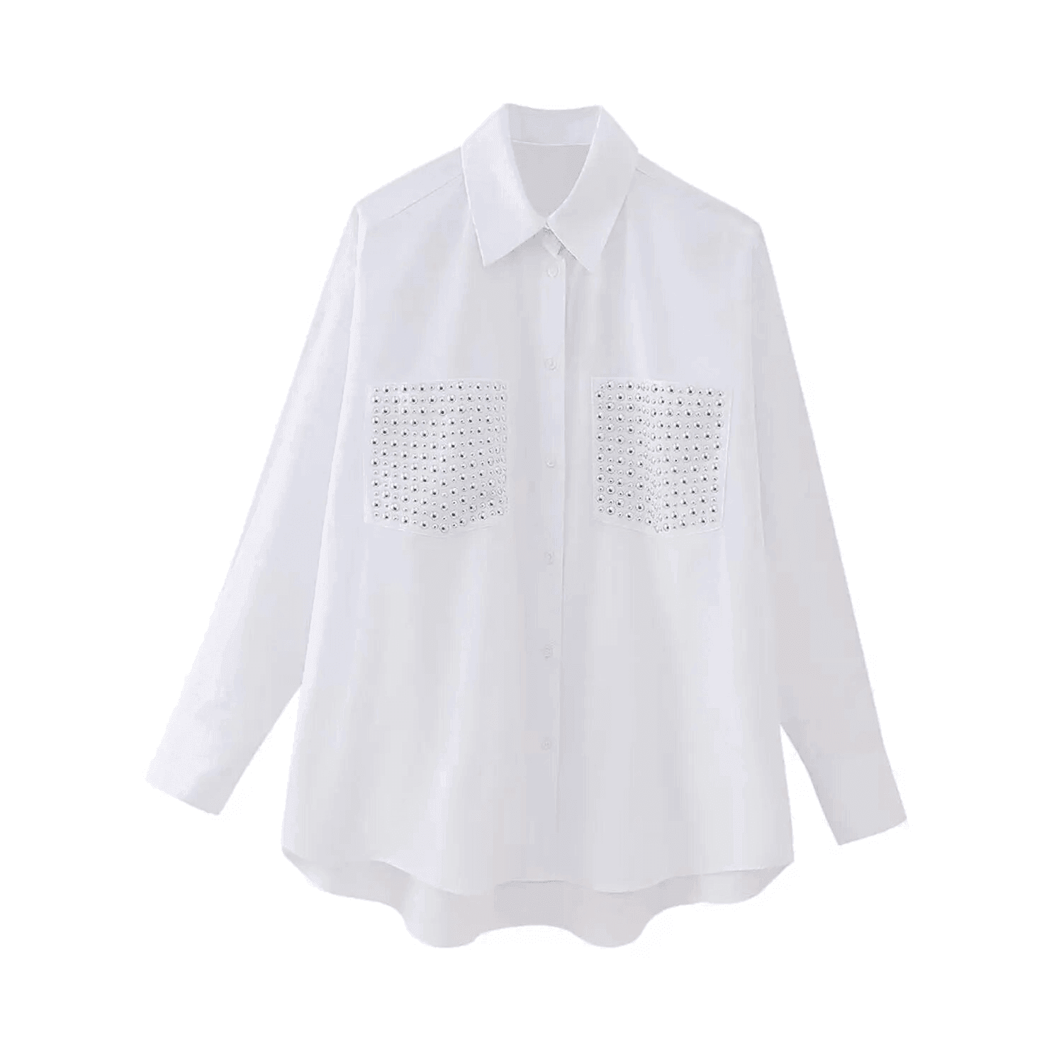 מכופתרת לבנה מרשימה עם כיסים בשילוב ניטים מדליקים ללוק נשי מושך - לה איסלה