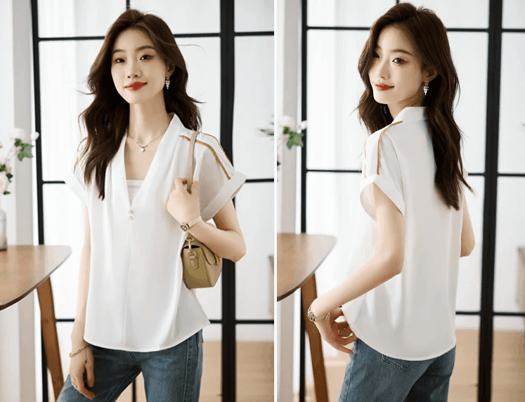 חולצת מעצב חגיגית בגימור כפתורי פנינה בצורת וי להופעה נשית מרשימה ומכובדת - לה איסלה: אופנה וחזיות פרימיום