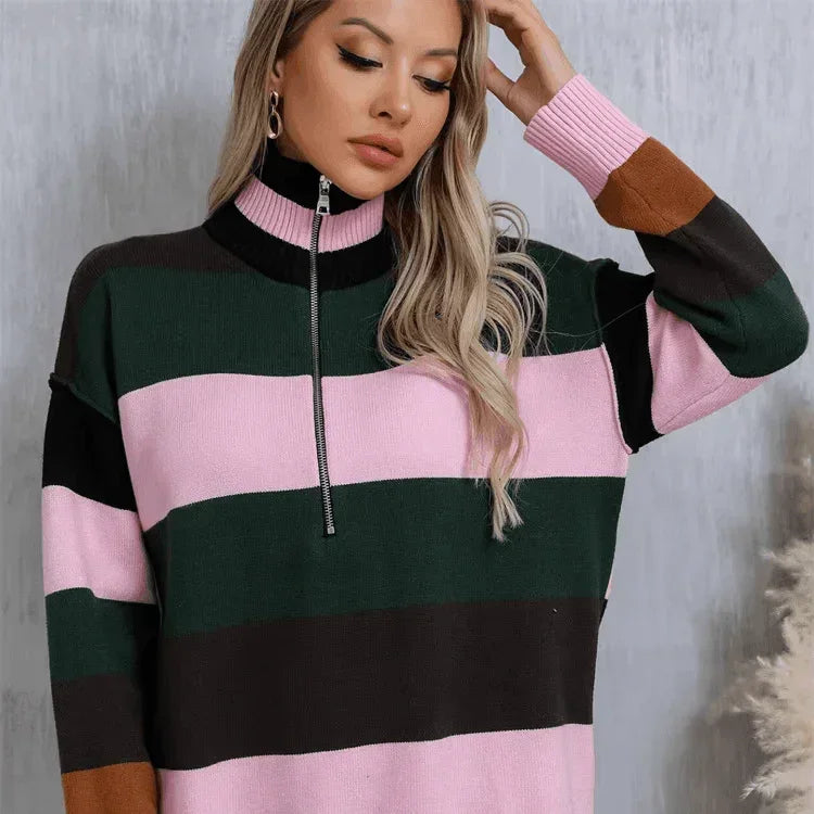 סריג איטלקי בגימור ריץ רץ עד החזה בלוק צבעוני חורפי להופעה נשית עוצמתית