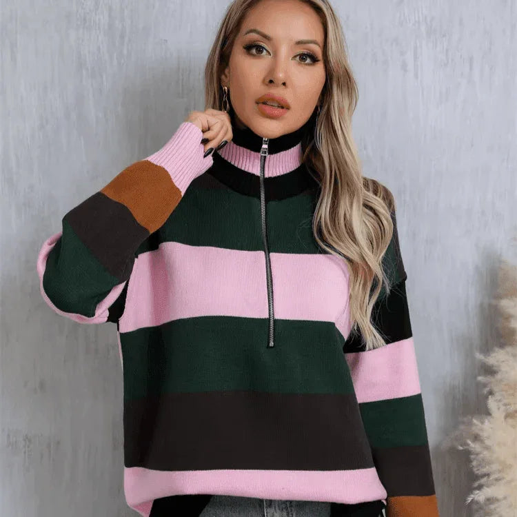 סריג איטלקי בגימור ריץ רץ עד החזה בלוק צבעוני חורפי להופעה נשית עוצמתית