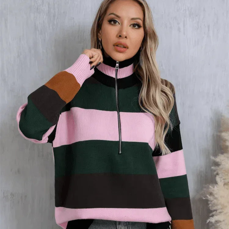 סריג איטלקי בגימור ריץ רץ עד החזה בלוק צבעוני חורפי להופעה נשית עוצמתית