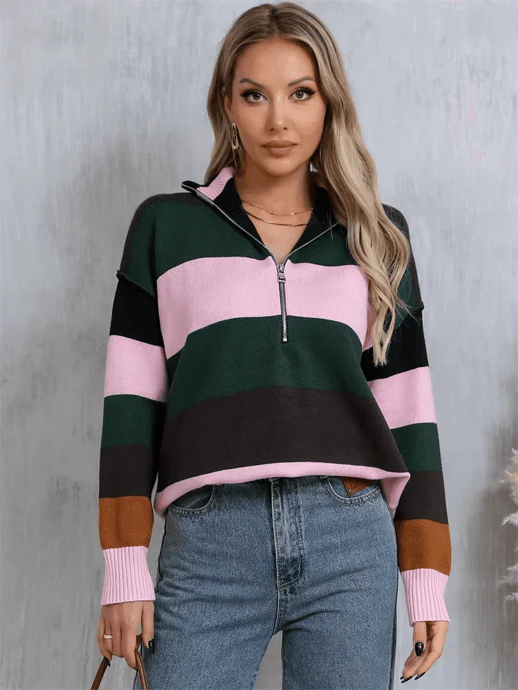 סריג איטלקי בגימור ריץ רץ עד החזה בלוק צבעוני חורפי להופעה נשית עוצמתית