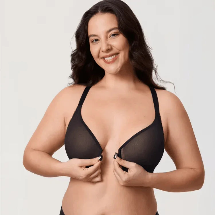 חזיית עצם שקופה בסגירה קידמית משגעת בתמיכת תחרה אחורית ללוק נשי חתיכי