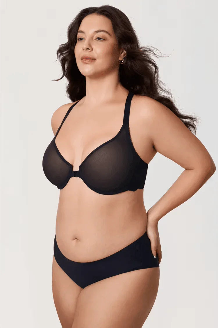 חזיית עצם שקופה בסגירה קידמית משגעת בתמיכת תחרה אחורית ללוק נשי חתיכי