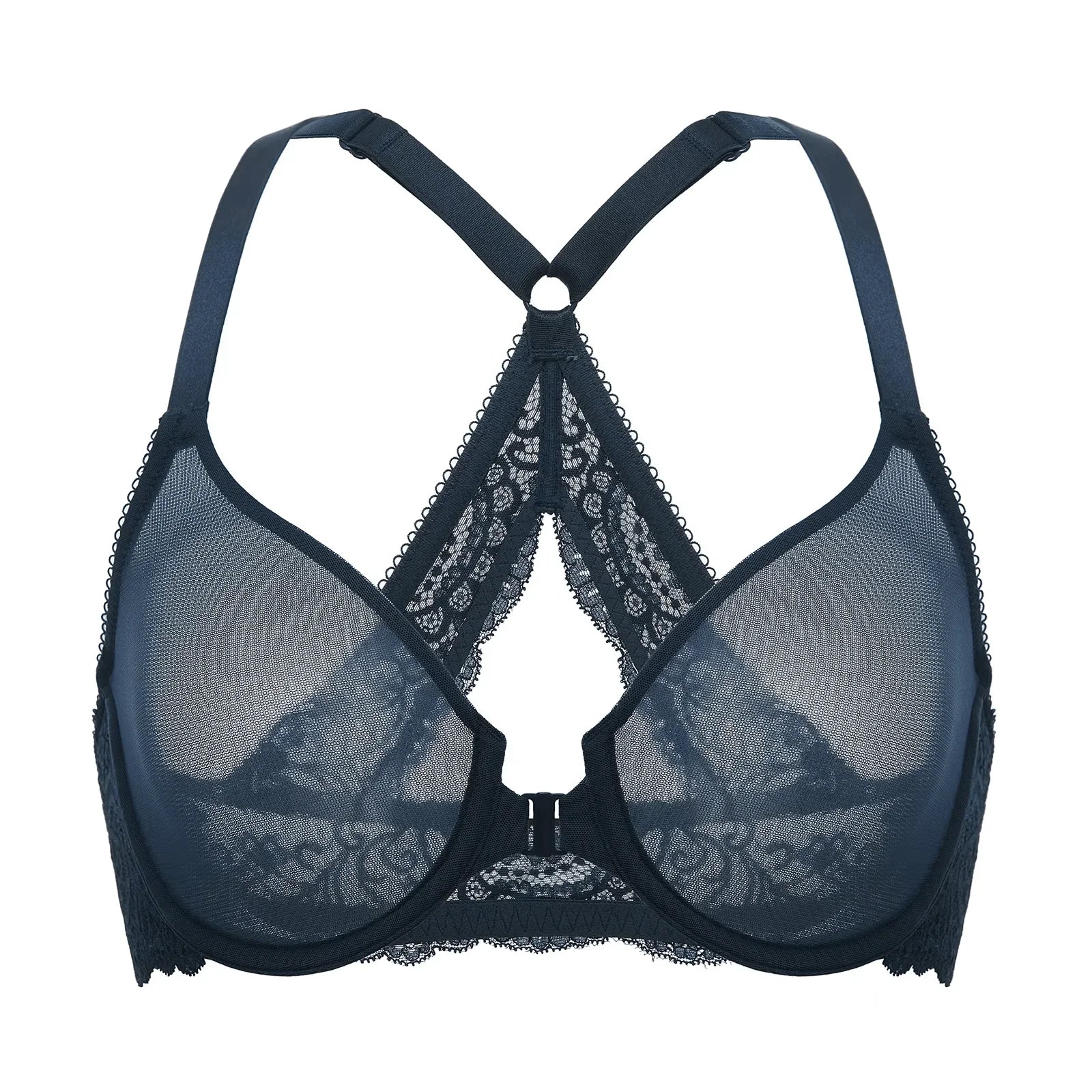 חזיית עצם שקופה בסגירה קידמית משגעת בתמיכת תחרה אחורית ללוק נשי חתיכי