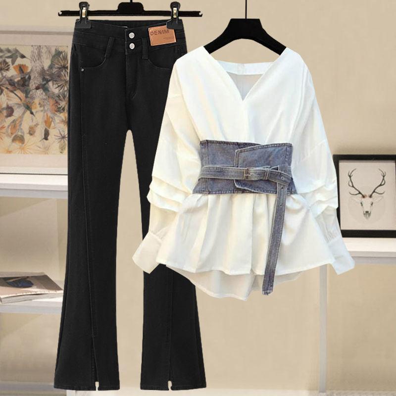 סט חגיגי של ג'ינס פדלפון בגיזרה מרהיבה עם חולצת מנג'ט בשילוב ג'ינס מעל ללוק היסטרי - לה איסלה