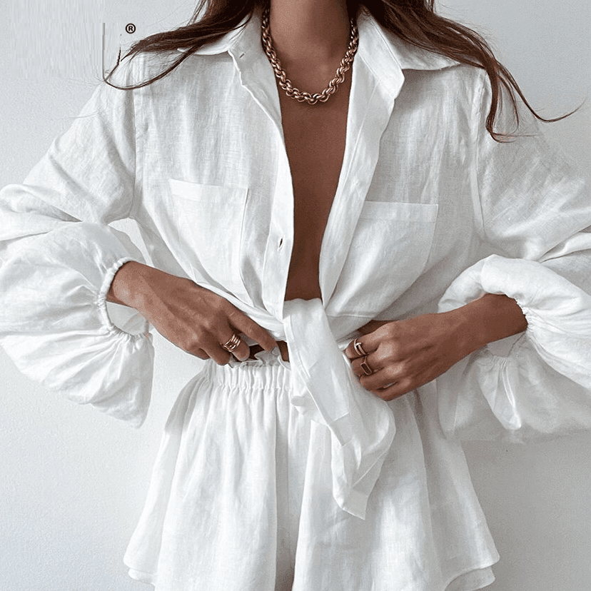 סט פשתן משגע של חולצת קשירה עדינה ומכנס קצר לקיץ ללוק נשי טרנדי - לה איסלה