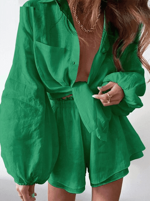 סט פשתן משגע של חולצת קשירה עדינה ומכנס קצר לקיץ ללוק נשי טרנדי - לה איסלה