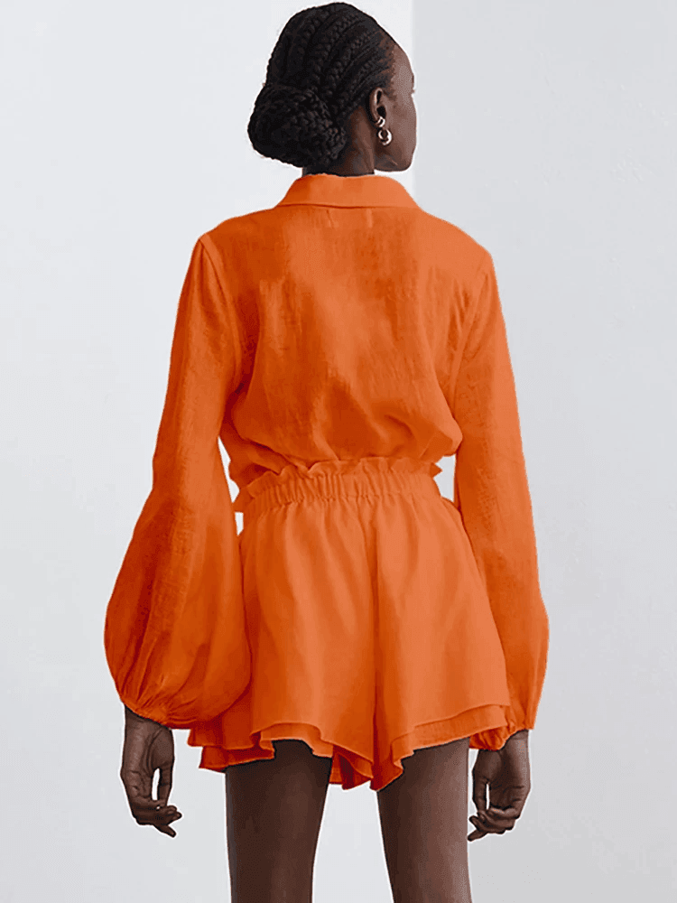 סט פשתן משגע של חולצת קשירה עדינה ומכנס קצר לקיץ ללוק נשי טרנדי - לה איסלה