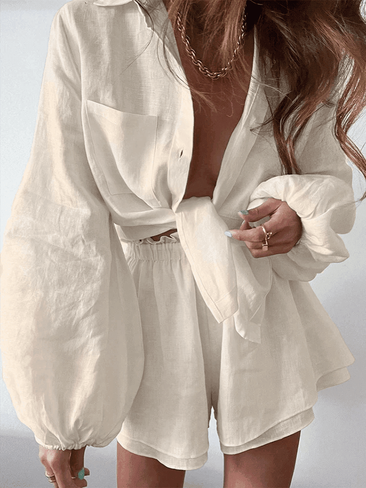 סט פשתן משגע של חולצת קשירה עדינה ומכנס קצר לקיץ ללוק נשי טרנדי - לה איסלה