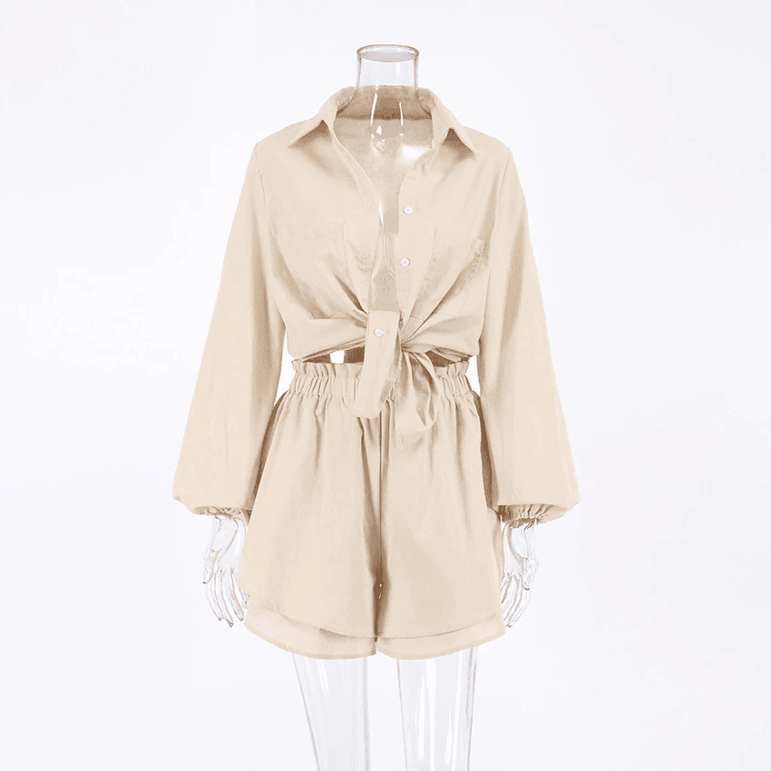 סט פשתן משגע של חולצת קשירה עדינה ומכנס קצר לקיץ ללוק נשי טרנדי - לה איסלה