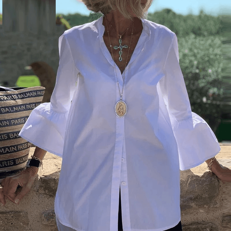 חולצה נשית מכופתרת בשרוולי שלושת רבעי אופנתיים בגימור נקי חלק ללוק כובש - לה איסלה