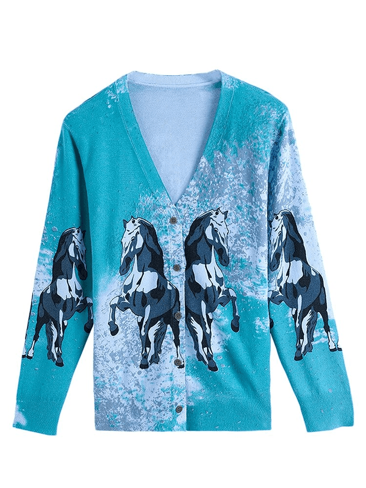 קרדיגן קליל בגיזרה מחמיאה בהדפס של סוס מהפנט בשילוב צבעי כחול לבן - לה איסלה