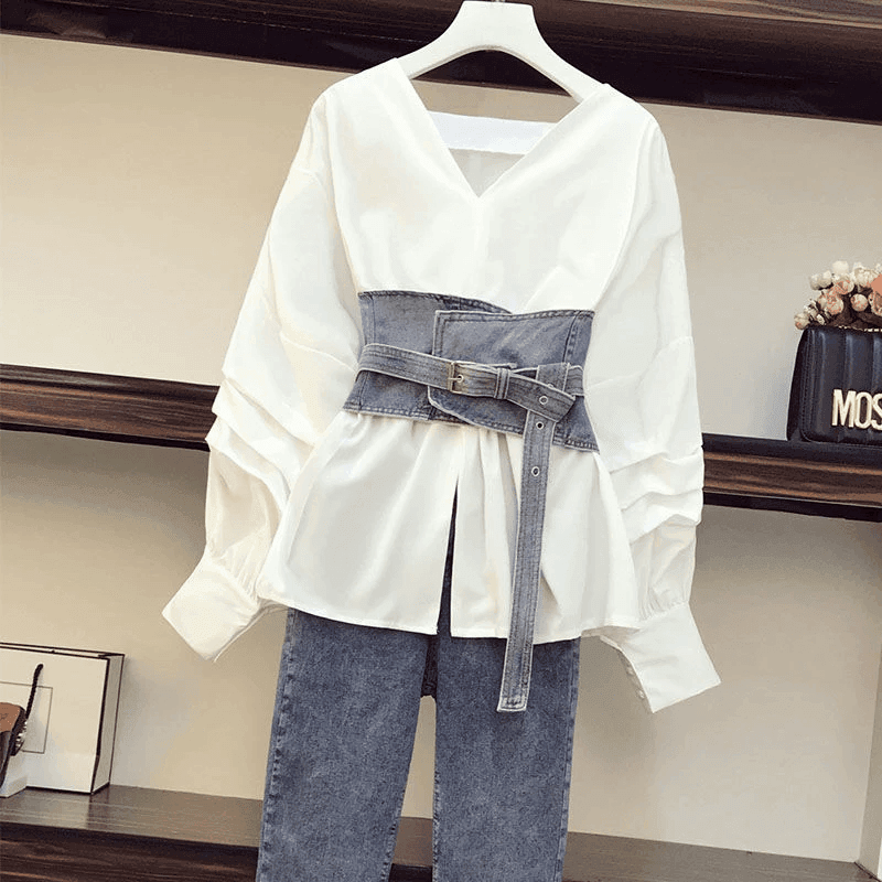 סט חגיגי של ג'ינס פדלפון בגיזרה מרהיבה עם חולצת מנג'ט בשילוב ג'ינס מעל ללוק היסטרי - לה איסלה