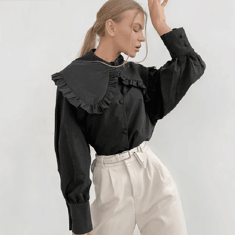 מכופתרת לבנה בסגנון אצילי ובגימור צווארון מניפה להופעה נשית משובחת - לה איסלה