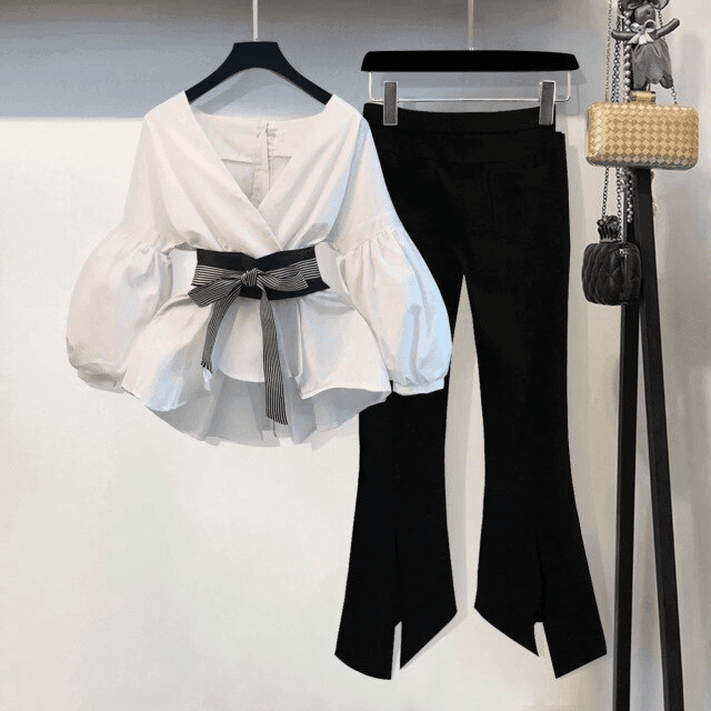 סט מושלם וחגיגי של חולצה אלגנטית תפוחה עם מכנס טייץ אלסטי עם שסע ללוק יפייפה - לה איסלה