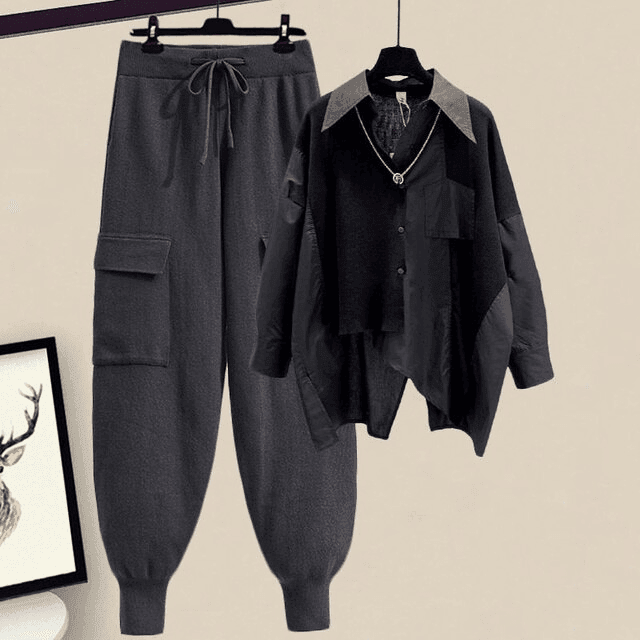 סט מקסים של חולצה אסימטרית מכופרת ומכנס קליל מבד דק להופעה נשית ולא מתאמצת - לה איסלה