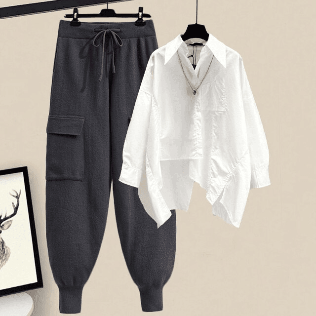 סט מקסים של חולצה אסימטרית מכופרת ומכנס קליל מבד דק להופעה נשית ולא מתאמצת - לה איסלה