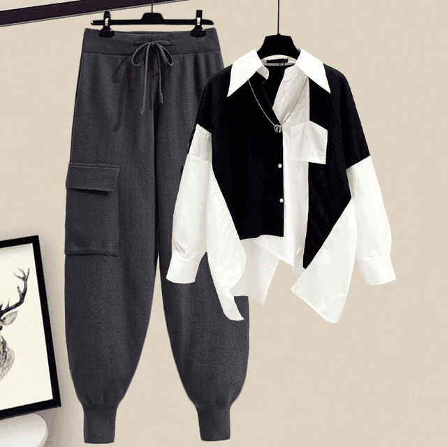 סט מקסים של חולצה אסימטרית מכופרת ומכנס קליל מבד דק להופעה נשית ולא מתאמצת - לה איסלה