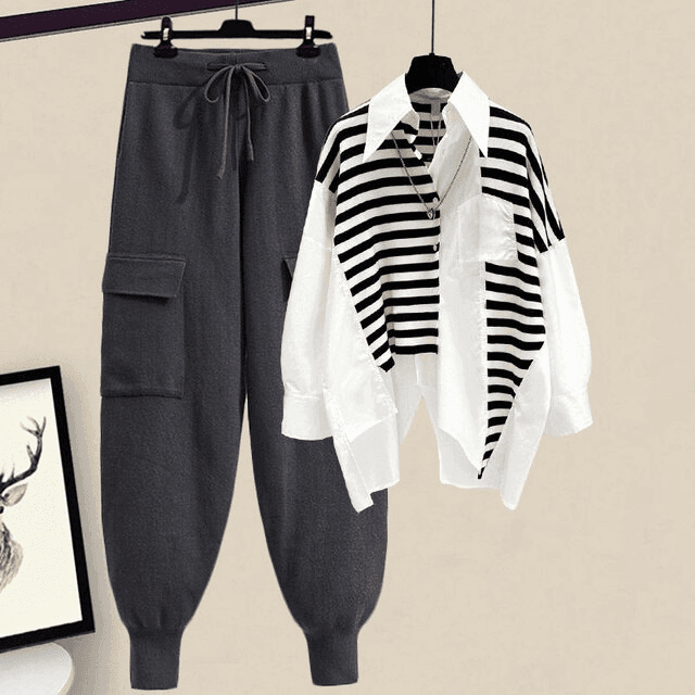 סט מקסים של חולצה אסימטרית מכופרת ומכנס קליל מבד דק להופעה נשית ולא מתאמצת - לה איסלה