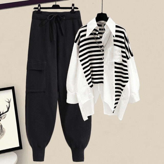 סט מקסים של חולצה אסימטרית מכופרת ומכנס קליל מבד דק להופעה נשית ולא מתאמצת - לה איסלה