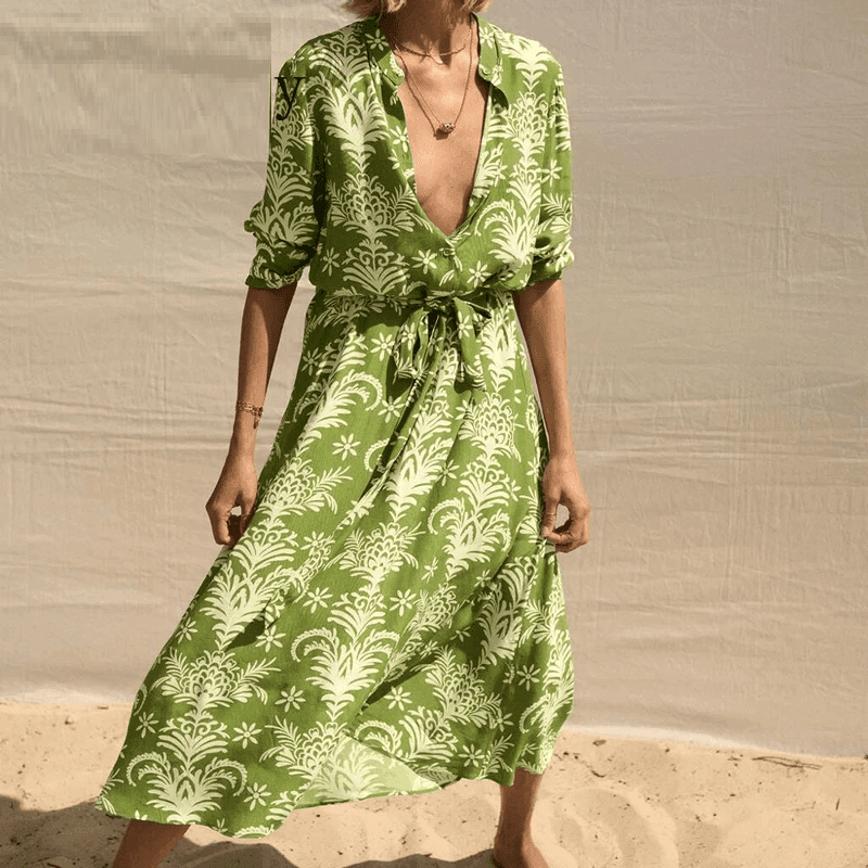 שמלת מקסי בגיזרה נשית קלילה בהדפס פרחוני להופעה נשית מדוייקת ומרהיבה - לה איסלה