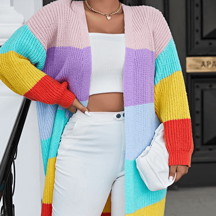 סריג קרדיגן מקסי בשילוב צבעוני מהמם להופעה מרהיבה ביופיה ולנשיות מתפרצת - לה איסלה