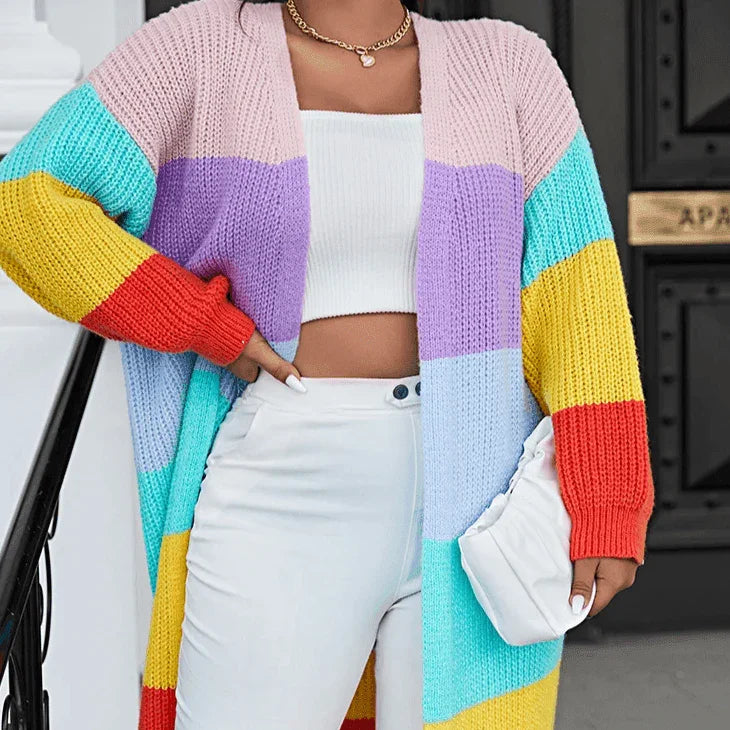 סריג קרדיגן מקסי בשילוב צבעוני מהמם להופעה מרהיבה ביופיה ולנשיות מתפרצת - לה איסלה