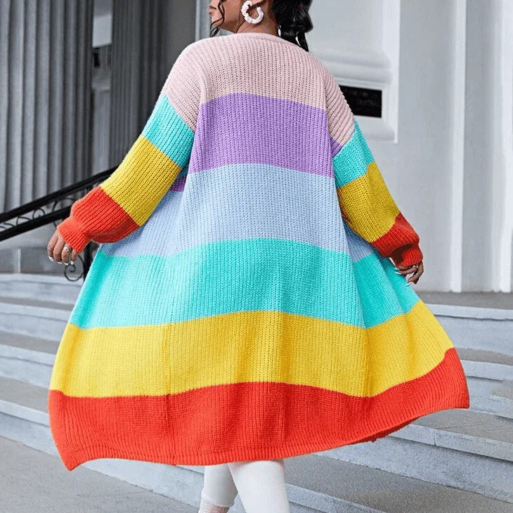 סריג קרדיגן מקסי בשילוב צבעוני מהמם להופעה מרהיבה ביופיה ולנשיות מתפרצת - לה איסלה