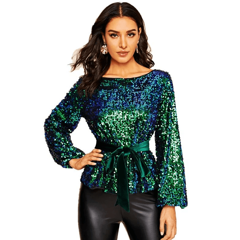 חולצת נצנצים מושלמת של מעצב מפאריז סגימור פייטים נוצץ להופעה נשית לוהטת - לה איסלה