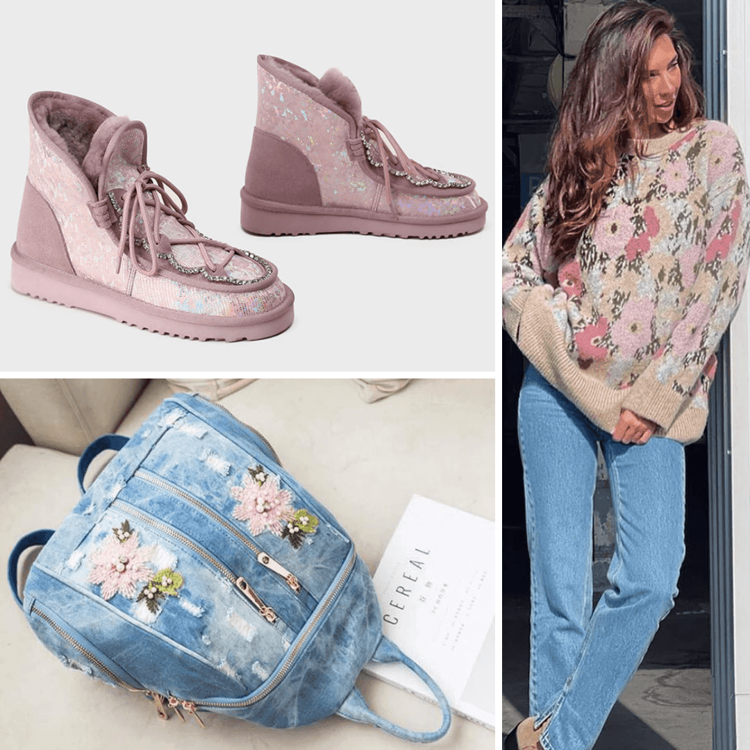 תיק מעצב מג'ינס מקורי בגיזרה קלילה ונשית בשילוב טלאי פרחים וחרוזי פנינה - לה איסלה