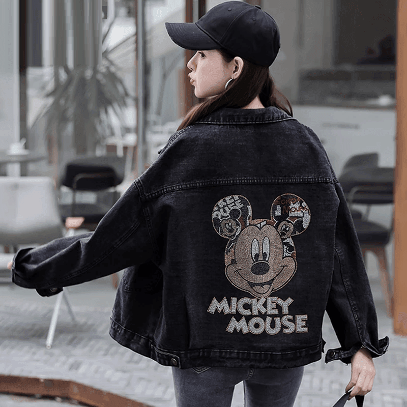 ג'קט ג'ינס משובח בשילוב דמות מיקי מאוס בזרקונים נוצצים ללוק נשי יפייפה - לה איסלה