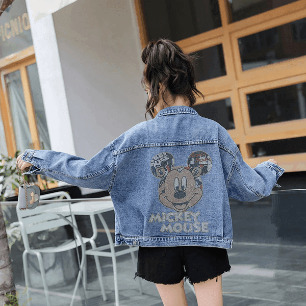 ג'קט ג'ינס משובח בשילוב דמות מיקי מאוס בזרקונים נוצצים ללוק נשי יפייפה - לה איסלה