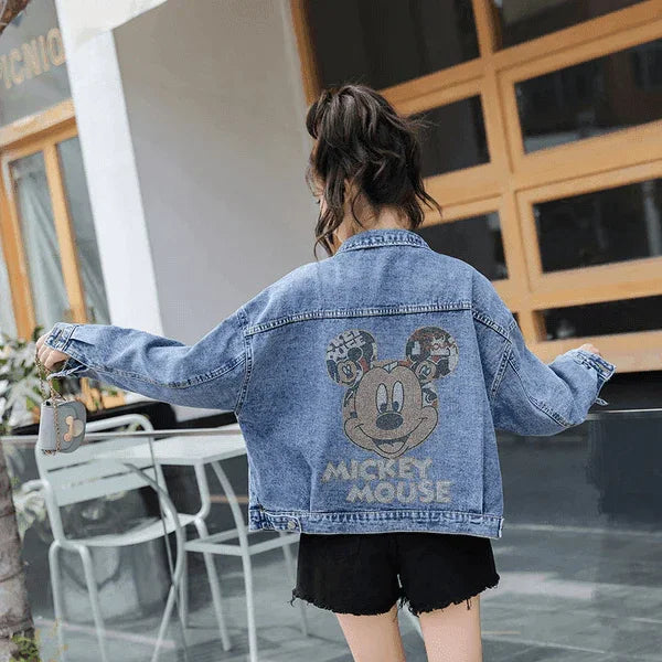 ג'קט ג'ינס משובח בשילוב דמות מיקי מאוס בזרקונים נוצצים ללוק נשי יפייפה - לה איסלה