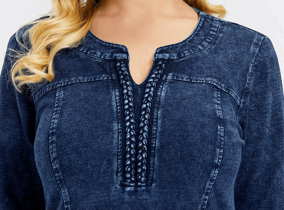 שמלת וי מבד ג'ינס בגיזרת שלושת רבעי של מעצב להופעה נשית מתוחכמת - לה איסלה