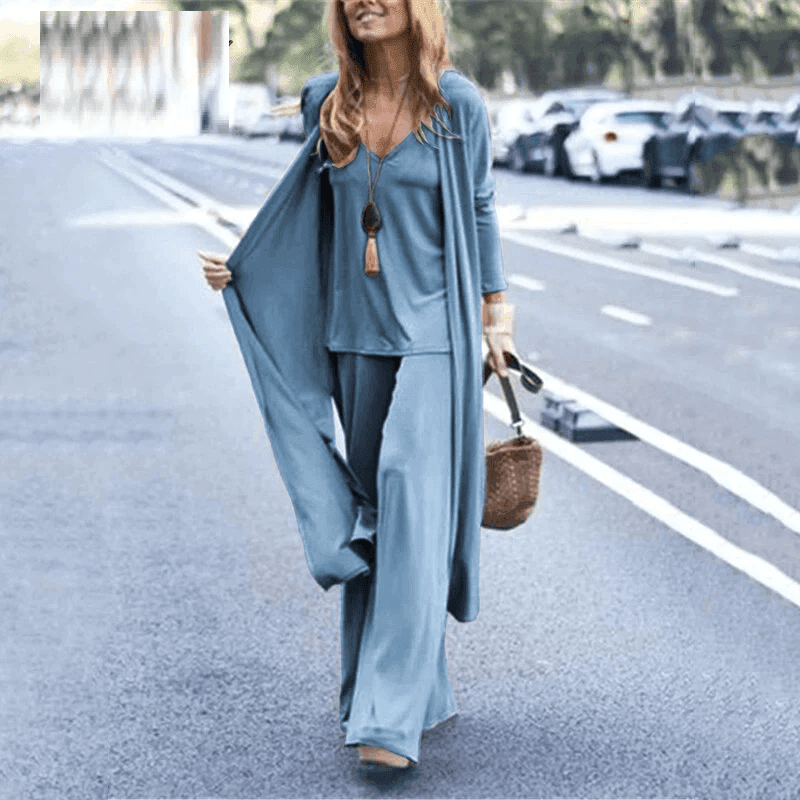 סט מושלם של שלושה חלקים בסיגנון אוברסייז שיקי ללוק נשי קלאסי - לה איסלה