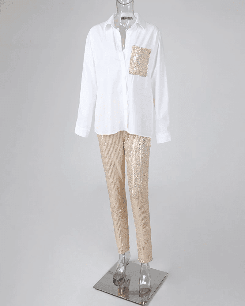 סט מהמם של חולצה לבנה ומכנס פייטים זהובים בגיזרה חתיכית מרהיבה - לה איסלה