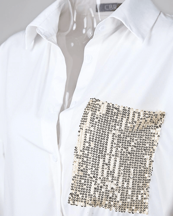 סט מהמם של חולצה לבנה ומכנס פייטים זהובים בגיזרה חתיכית מרהיבה - לה איסלה 