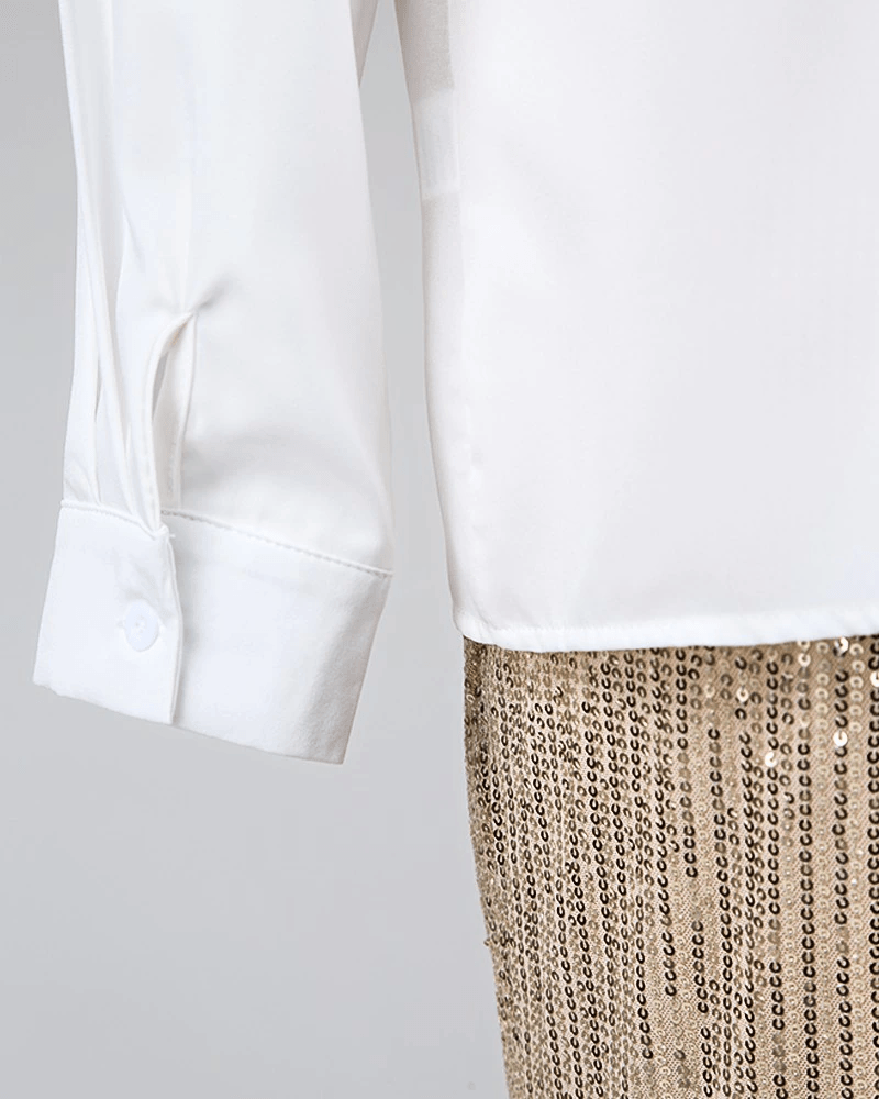 סט מהמם של חולצה לבנה ומכנס פייטים זהובים בגיזרה חתיכית מרהיבה - לה איסלה 