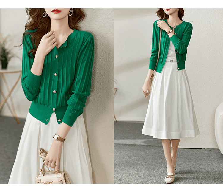 קרדיגן פנינה קצר בצבע ירוק אופנתי ללוק נשי מוקפד ולהופעה אלגנטית - לה איסלה