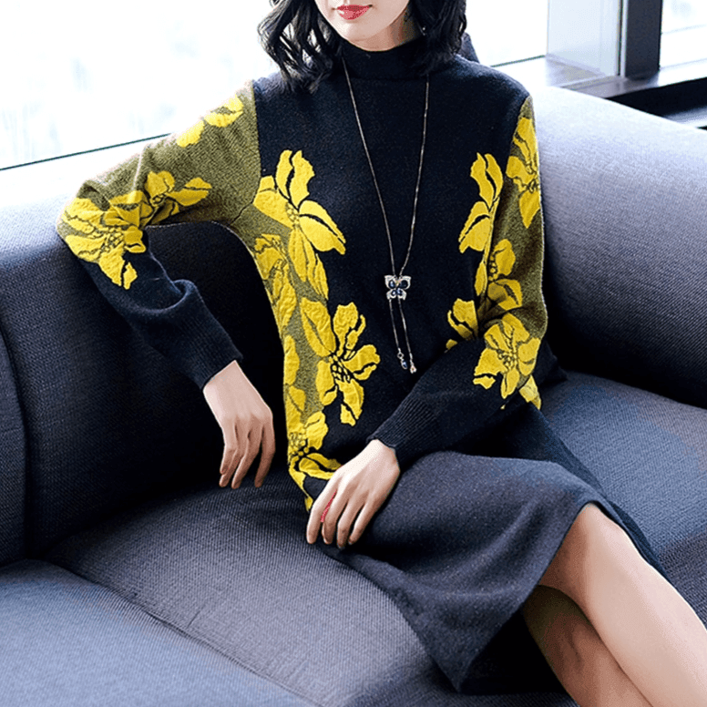 שמלת סריג אותנטית בגיזרה מחמיאה בשילוב פרחים צהובים מרהיבים ללוק משובח - לה איסלה