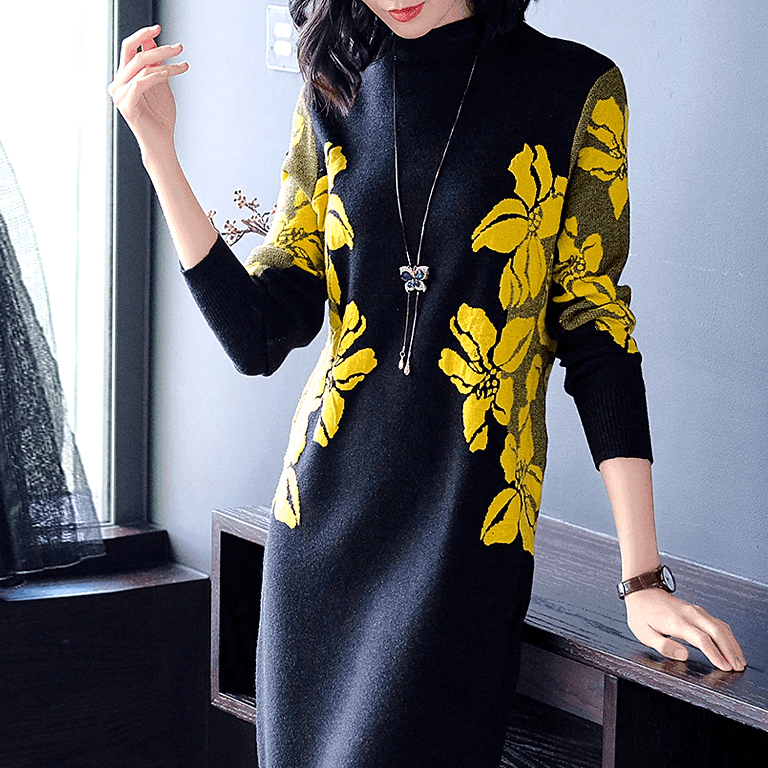 שמלת סריג אותנטית בגיזרה מחמיאה בשילוב פרחים צהובים מרהיבים ללוק משובח - לה איסלה