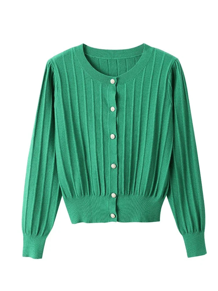 קרדיגן פנינה קצר בצבע ירוק אופנתי ללוק נשי מוקפד ולהופעה אלגנטית - לה איסלה