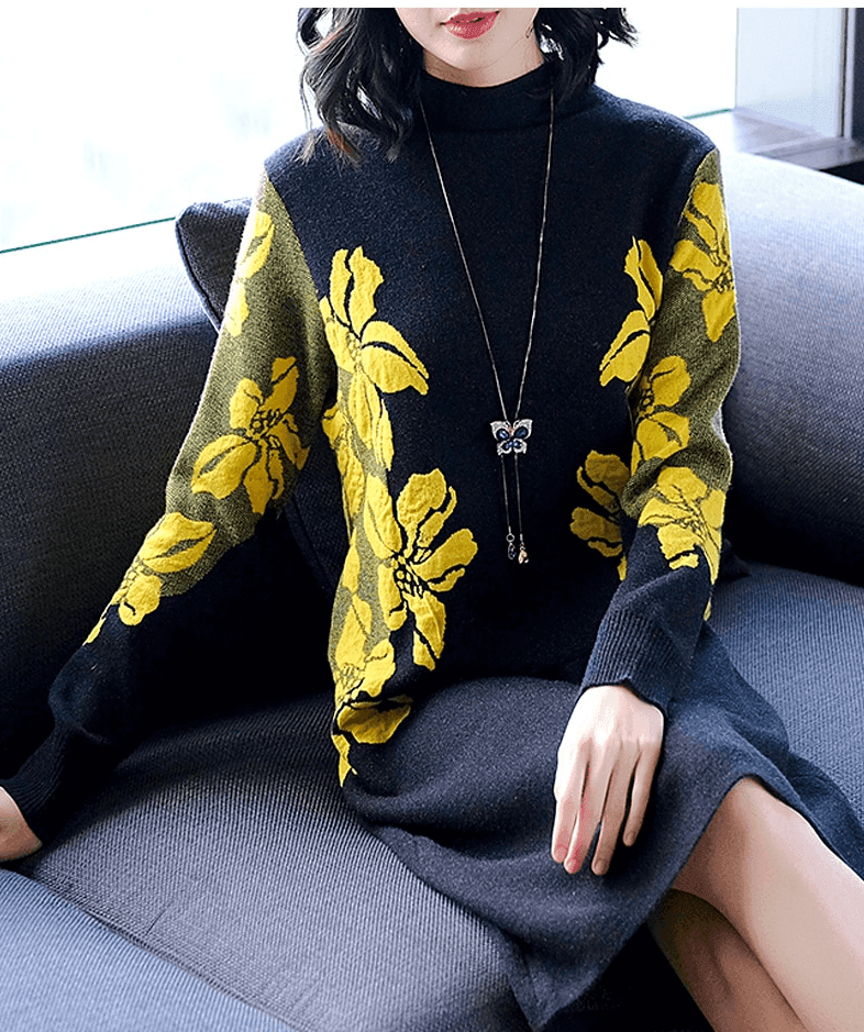 שמלת סריג אותנטית בגיזרה מחמיאה בשילוב פרחים צהובים מרהיבים ללוק משובח - לה איסלה